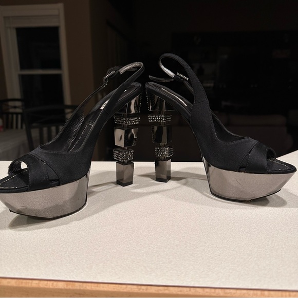 Vintage Baldinini Black and Chrome Crystal Embellished Statement Heels sz 37 - Picture 7 of 17